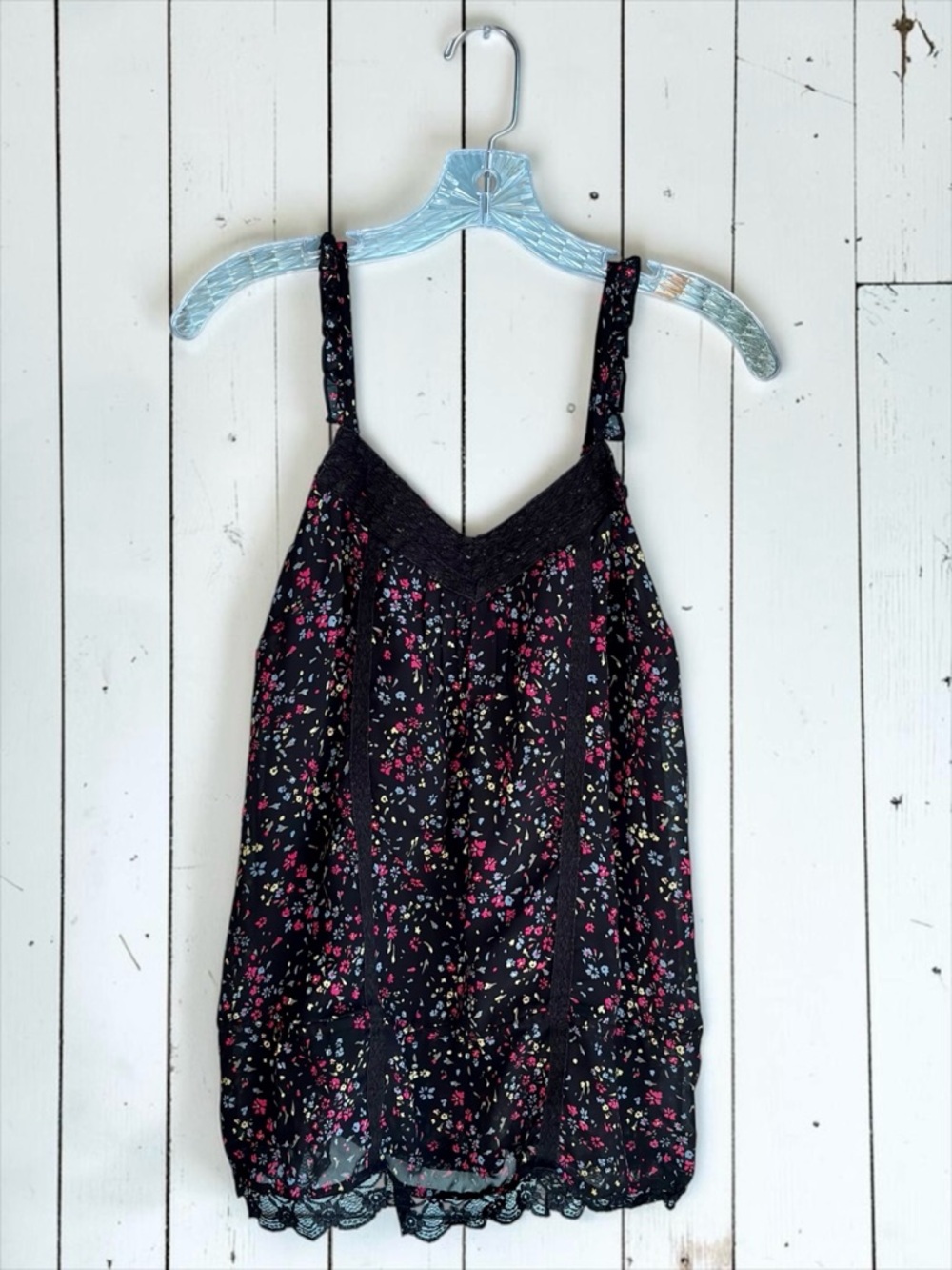 Decree Black Floral Lace Trim Tank Cami Boho Lightweight Medium